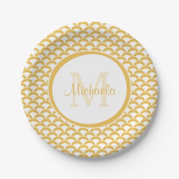 Modern Yellow And White Scallops Monogram And Name Paper Plates by ohsogirly at Zazzle