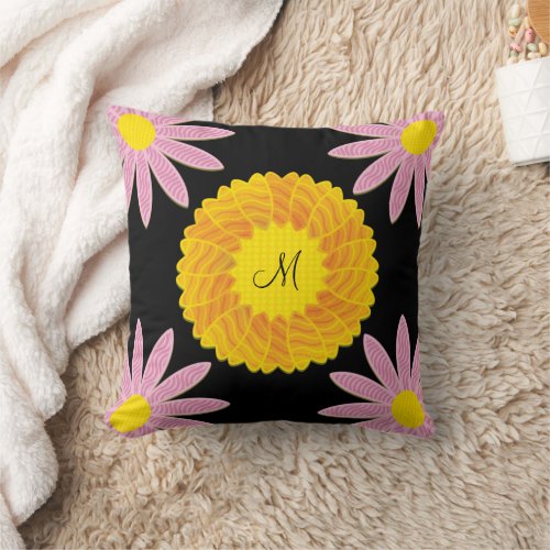 Modern Yellow Artsy Watercolor Flowers Monogram Throw Pillow