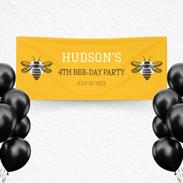 Modern Yellow Bee Day 4th Fourth Birthday Party Banner (Modern Yellow Bee Day 4th Fourth Birthday Party Banner)