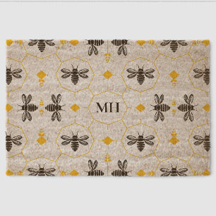Modern Yellow Bee Pattern Black Elegant Monogram Fiber Doormat