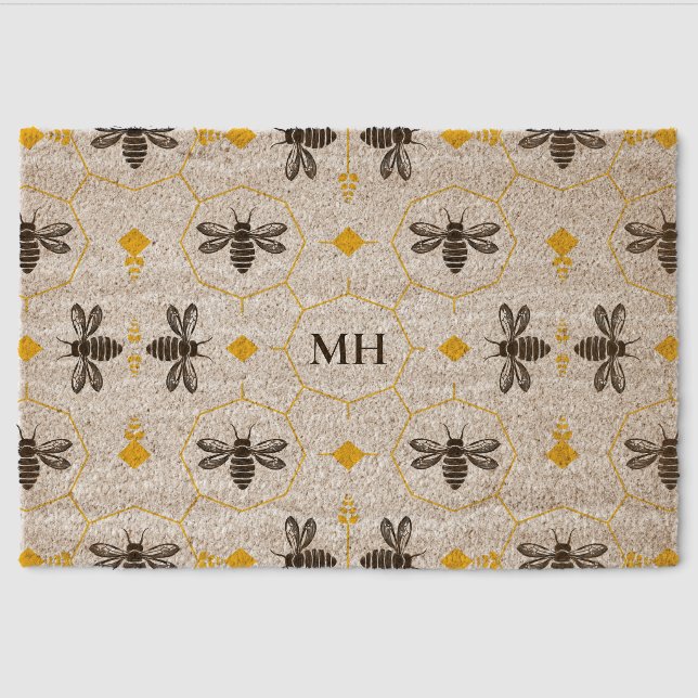 Modern Yellow Bee Pattern Black Elegant Monogram Fiber Doormat (Front)
