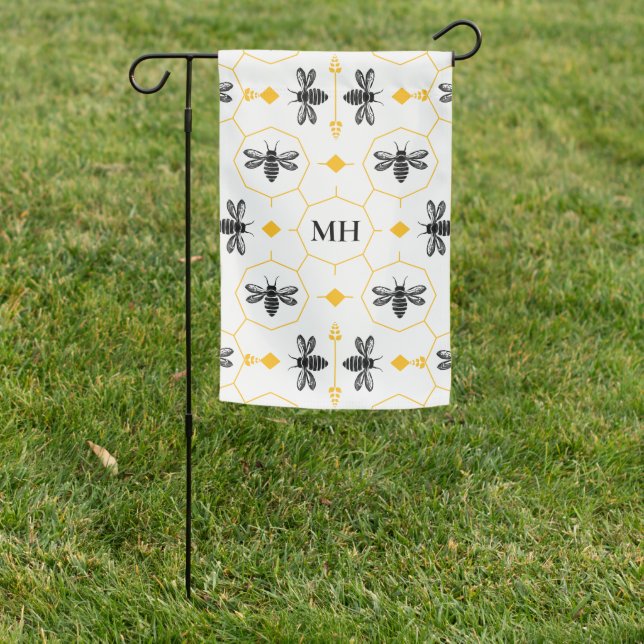 Modern Yellow Bee Pattern Black Elegant Monogram Garden Flag (In SItu)