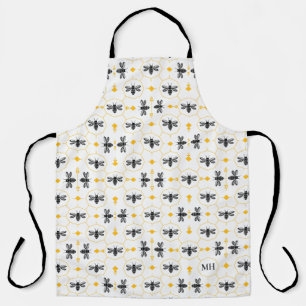 Modern Yellow Bee Pattern Elegant Black Monogram Apron