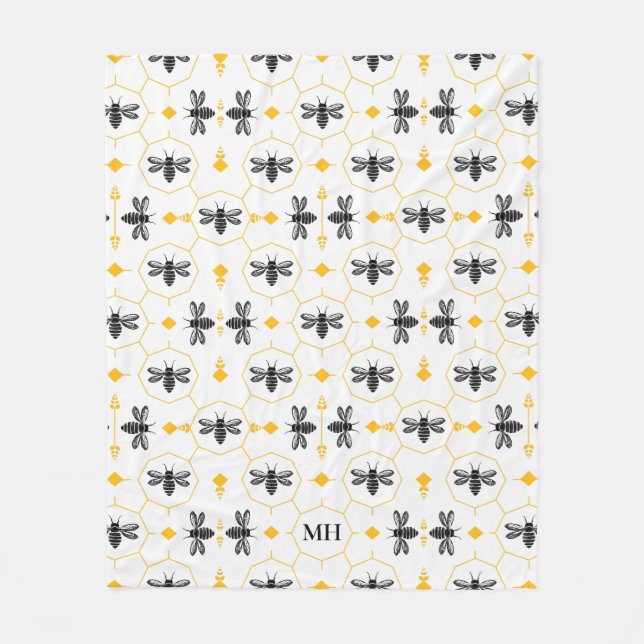 Modern Yellow Bee Pattern Elegant Black Monogram Fleece Blanket (Front)