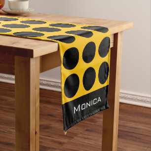 Modern yellow beige &black dots monogram name long table runner