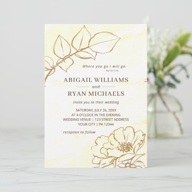 Modern Yellow Beige Rose Art Christian Wedding Invitation (Standing Front)