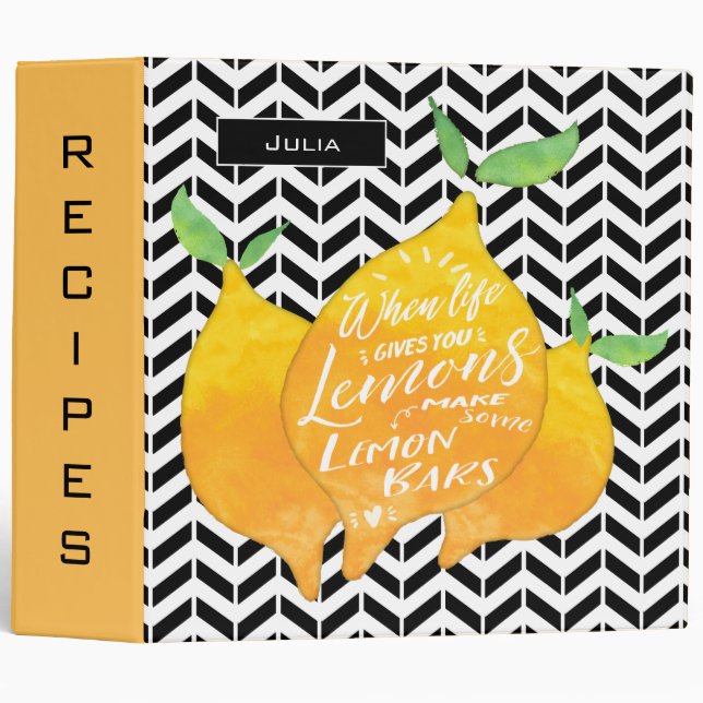 Modern Yellow Black Chevron Lemon Bars Recipe 3 Ring Binder (Front/Spine)