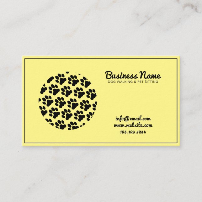 Modern Yellow & Black Circle Paw Print Dog Walker Business Card (Front)