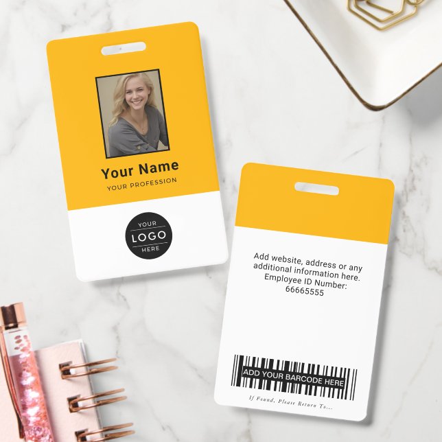 Modern Yellow Black Corporate Photo Logo Barcode Badge (Office)
