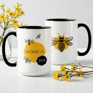 Modern Yellow Black Cute Bee Honeycomb Friend Name Mug
