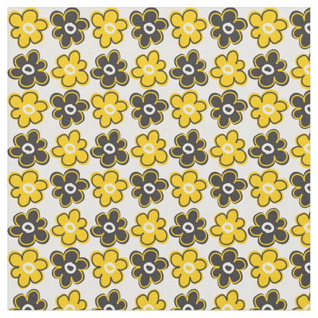 Modern Yellow Black Floral Pattern Fabric (Close Up)