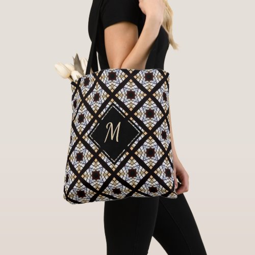 Modern Yellow Black Pattern Monogram Elegant Tote Bag