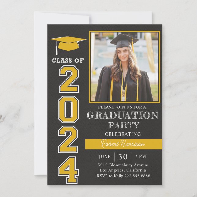 Modern Yellow Black Photo Graduation Party 2024 Invitation (Front)