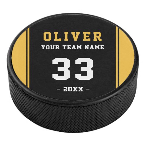 Modern Yellow Black Player Name Number Team Hockey Puck