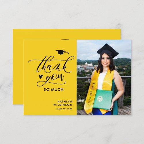 Modern Yellow Black Script Minimalist Graduation Thank You Card
