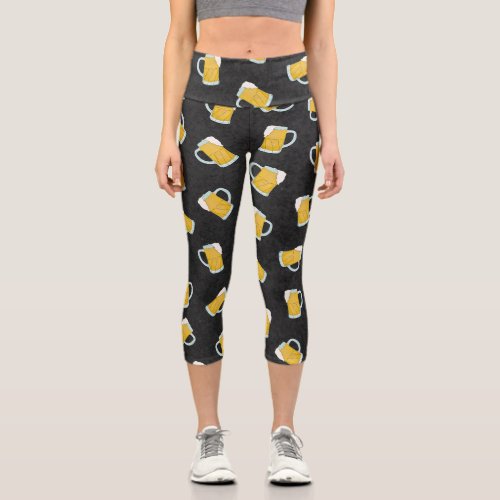 Modern Yellow Black Watercolor Beer Steins Pattern Capri Leggings