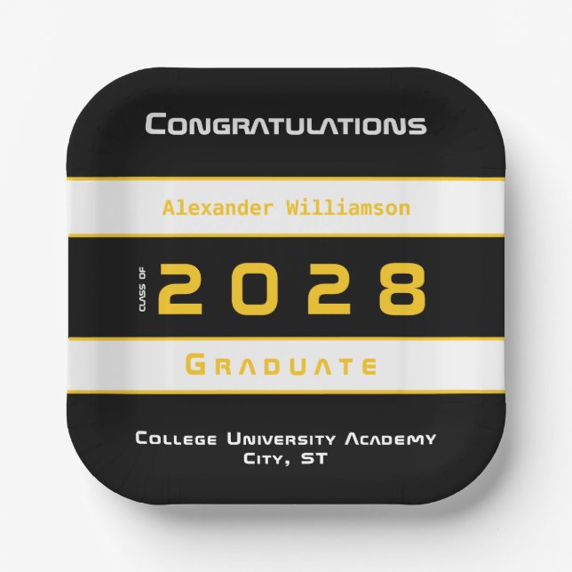 Modern Yellow Black White Graduation Party Paper Plates (Front)