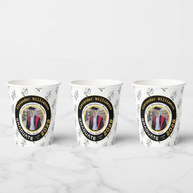 Modern Yellow Black White Graduation Photo Party Paper Cups (Multi)