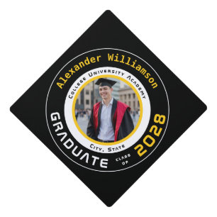 Modern Yellow Black White Photo Graduation Cap Topper
