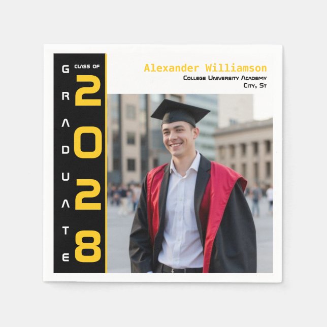 Modern Yellow Black  White Photo Graduation Party Napkins (Front)