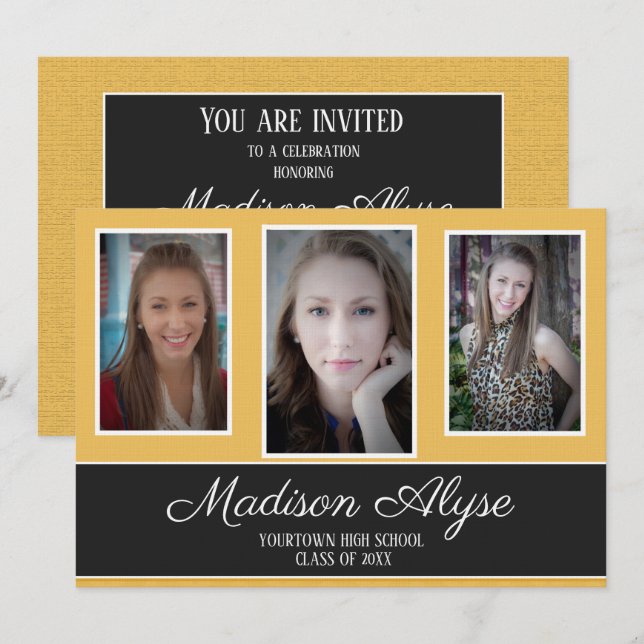 Modern Yellow Black White Three Photo Graduation Invitation (Front/Back)
