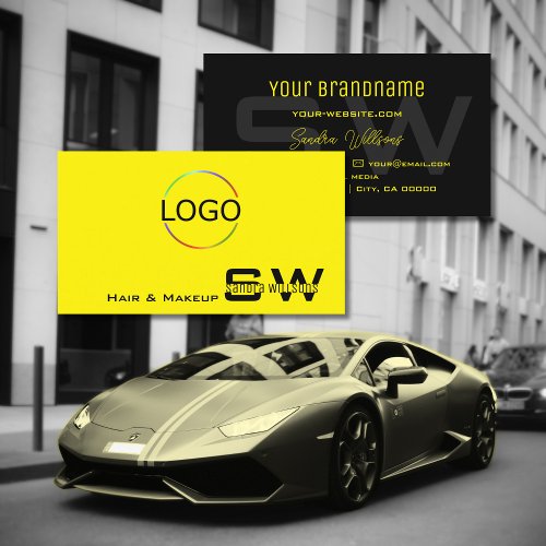 Modern Yellow Black with Monogram and Logo Simple Business Card