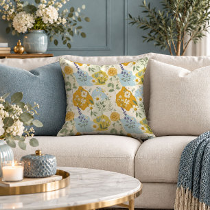 Modern Yellow Blue Abstract Floral Throw Pillow