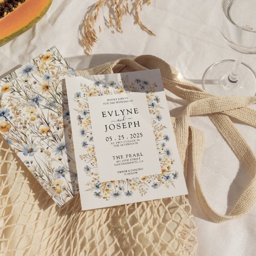 Modern Yellow  Blue Boho Chic Floral Wedding Invitation