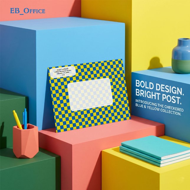 Modern Yellow & Blue Checkered  Return Address  Envelope (Love the envelope, but looking for a different hue? Visit EB_Office to explore our full collection.)