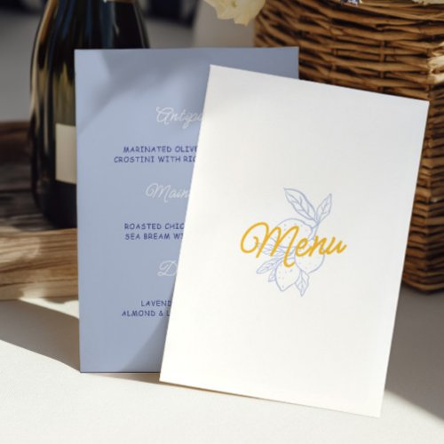 Modern Yellow &amp; Blue Citrus Wedding Menu Card
