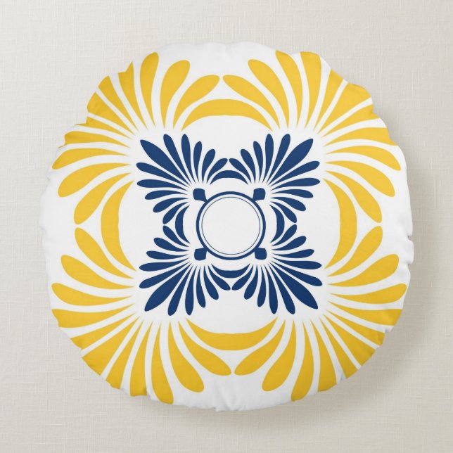 Modern Yellow Blue Floral Pattern Round Pillow (Front)