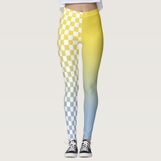 Modern Yellow Blue Gradient and Checkered Pattern Leggings (Front)