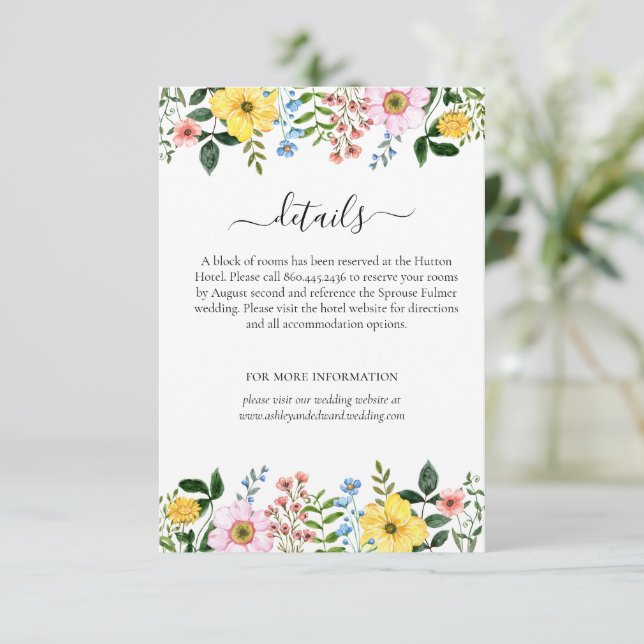Modern Yellow Blue Pink Spring Floral Wedding Enclosure Card (Standing Front)