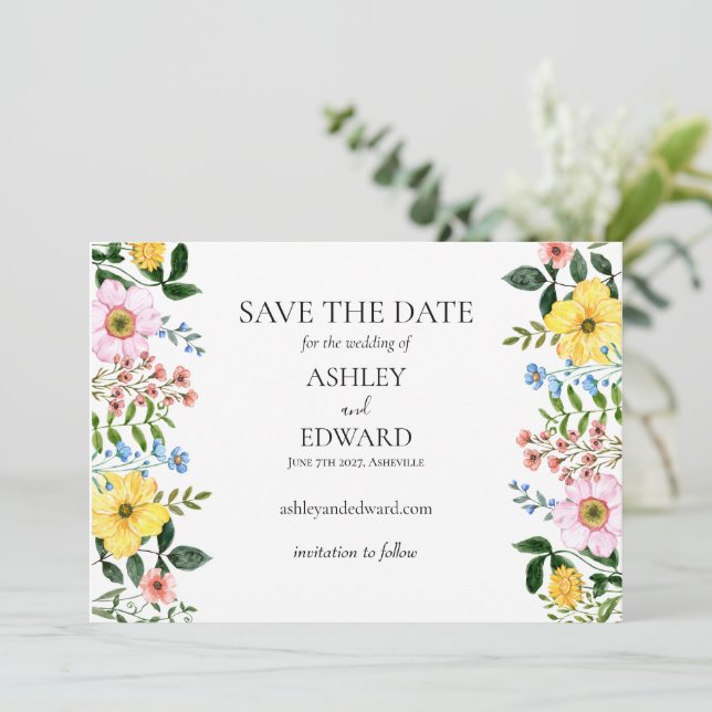 Modern Yellow Blue Pink Spring Floral Wedding Save The Date (Standing Front)
