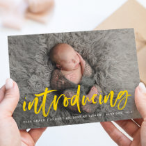 Modern Yellow Brush Script Introducing Photo Birth Announcement