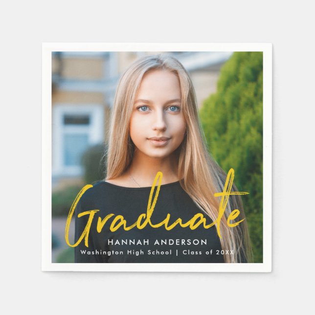 Modern Yellow Brush Script Photo Graduation Napkins (Front)