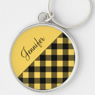Modern Yellow Buffalo Plaid Check Pattern Name Keychain