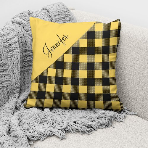 Modern Yellow Buffalo Plaid Check Pattern Name Throw Pillow