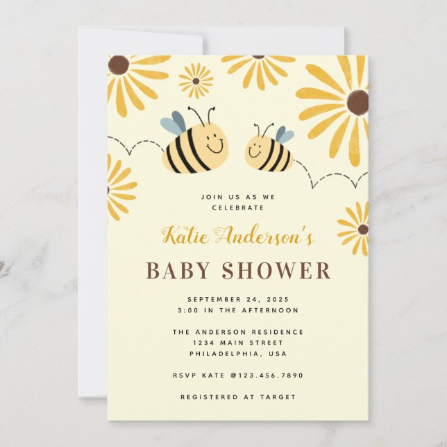 Modern Yellow Bumblebee and Sunflower Baby Shower Invitation (Front)