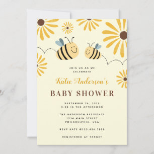 Modern Yellow Bumblebee and Sunflower Baby Shower Invitation