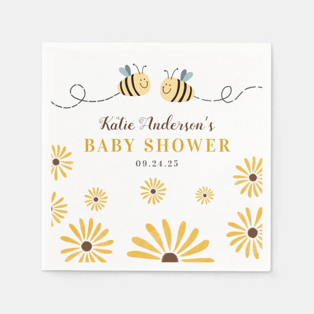 Modern Yellow Bumblebee and Sunflowers Baby Shower Napkins (Front)