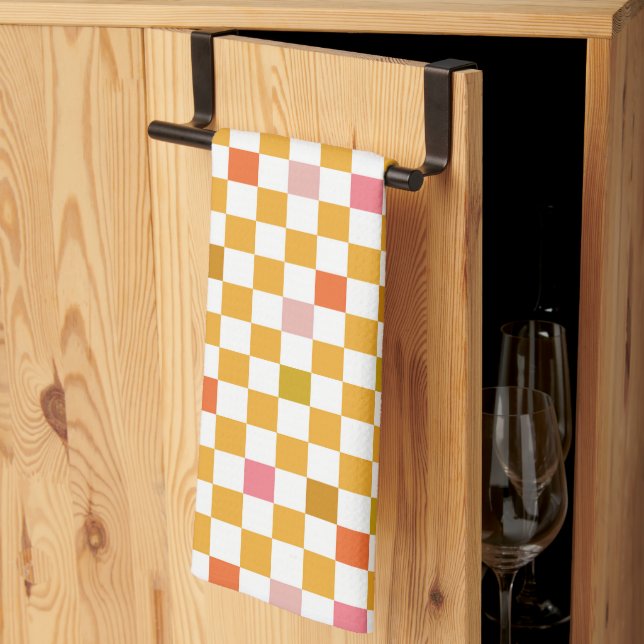 Modern Yellow Checkered Pattern Kitchen Towel (Thirds Fold)