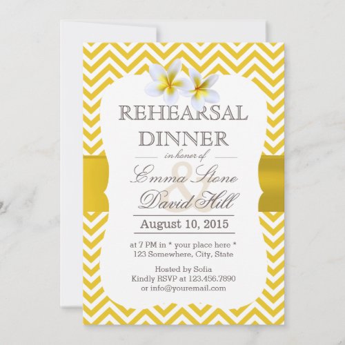 Modern Yellow Chevron Plumeria Rehearsal Dinner Announcements