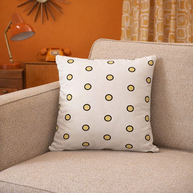 Modern Yellow Circle Dot Pattern Minimalist Throw Pillow (A throw pillow with yellow dots with black outlines on a white background.)