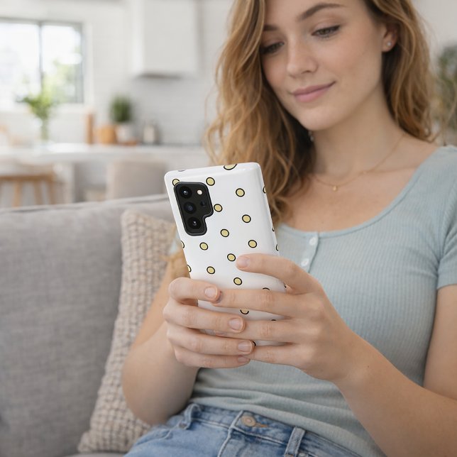 Modern Yellow Circle Dot Pattern Repeat Samsung Galaxy Case (A phone case with a circle pattern done in yellow and black on a white background.)