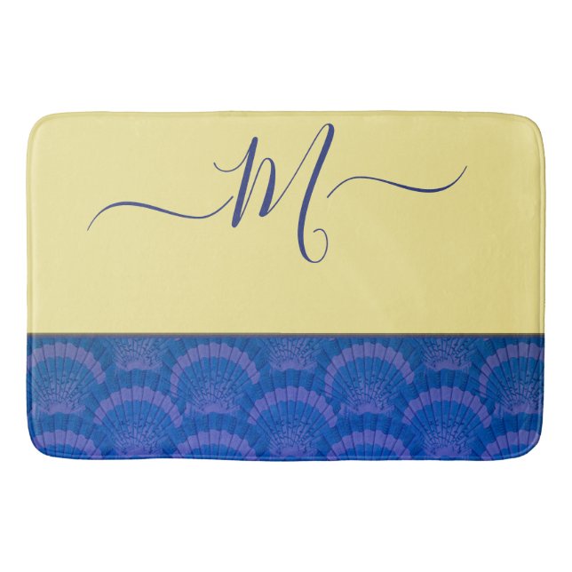 Modern Yellow Coastal Blue Seashell Monogram Bath  Bath Mat (Front)