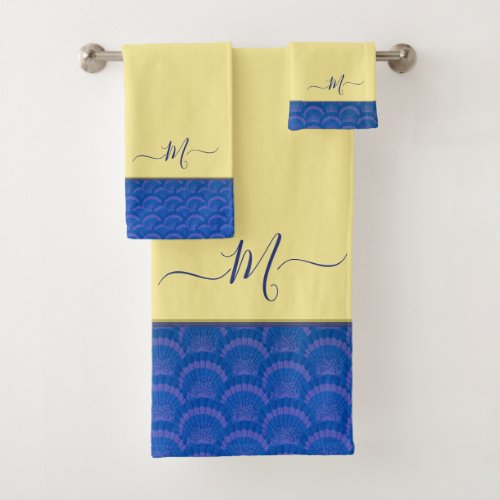 Modern Yellow Coastal Blue Seashell Monogram  Bath Towel Set