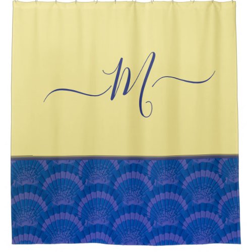 Modern Yellow Coastal Blue Seashell Monogram  Shower Curtain
