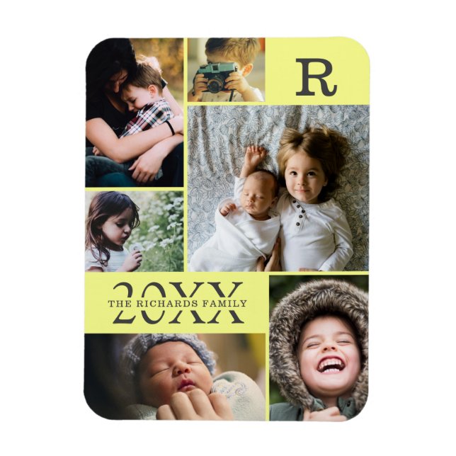 Modern Yellow Color Block Family 6 Photo Collage Magnet (Vertical)