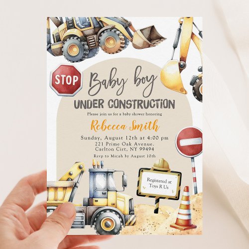 Modern Yellow Construction Boy Baby Shower Invitation